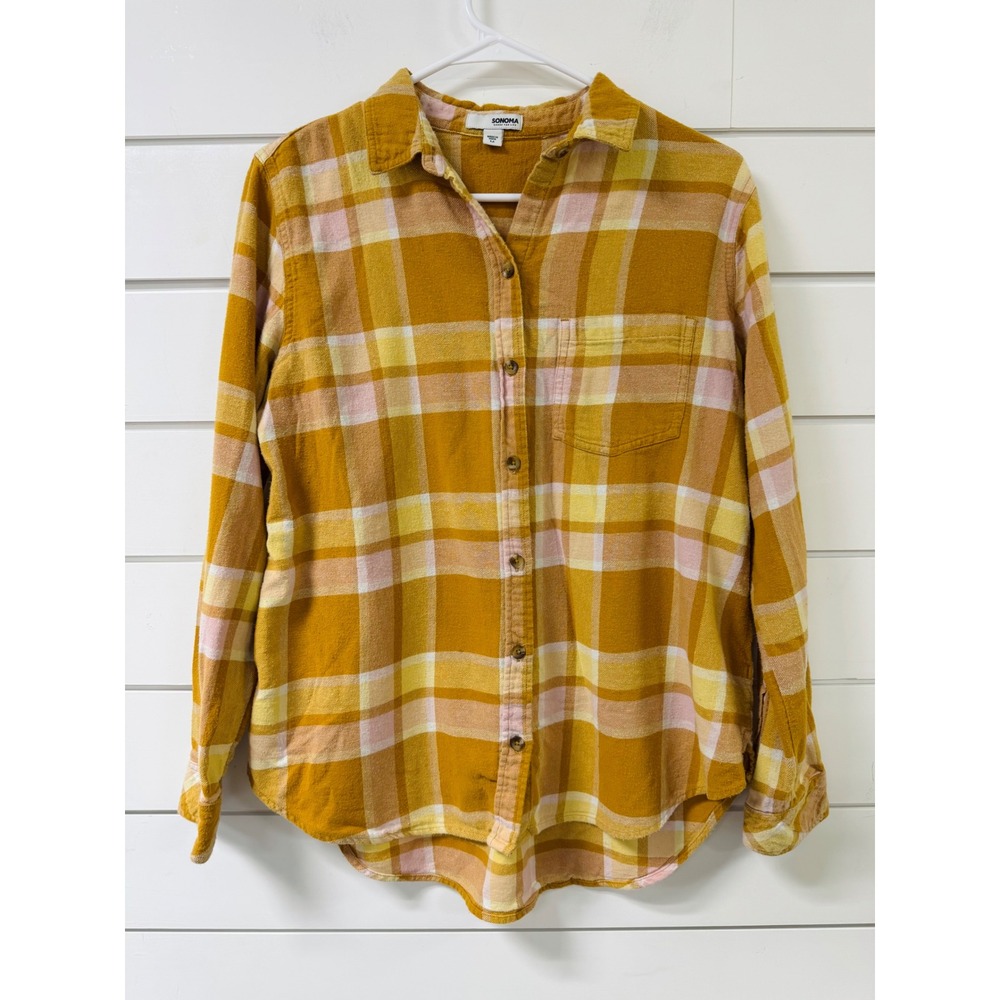 Sonoma Goods For Life Mustard Yellow Plaid Flannel Shirt Women Medium Cotton